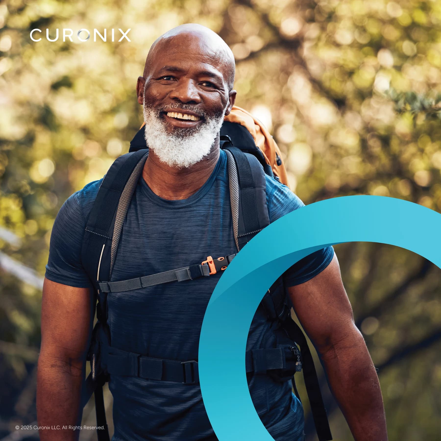 Curonix lifestyle photograph of a smiling model wearing a backpack outdoors