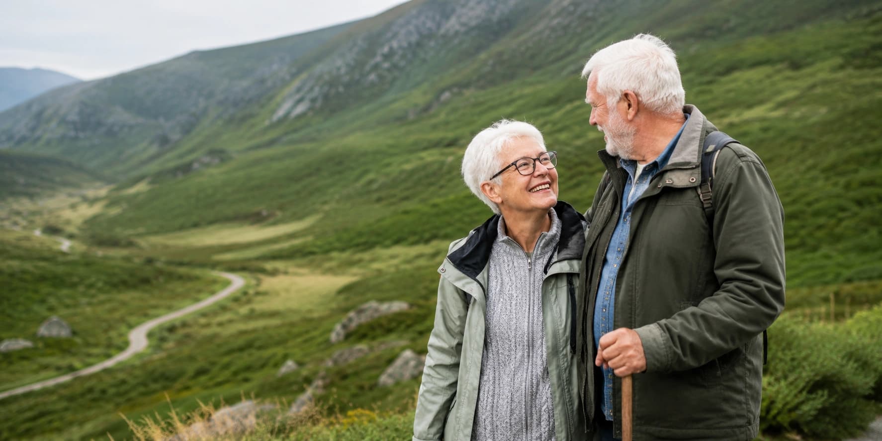 An older couple walking together along a hillside trail, smiling