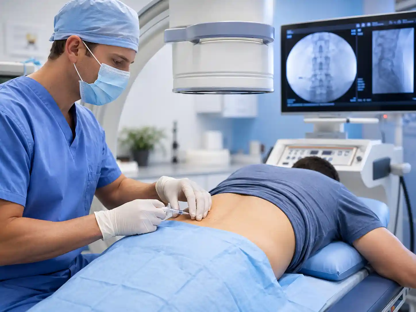 Physician reviewing spine imaging with a patient