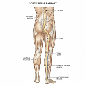 Illustration of the sciatic nerve and common points of pain in the lower back and leg.