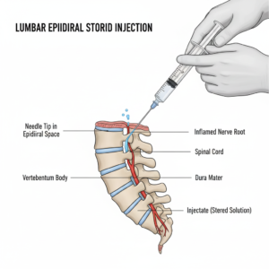 Diagram of an epidural steroid injection being administered into the lower back to relieve nerve pain caused by a herniated disc.