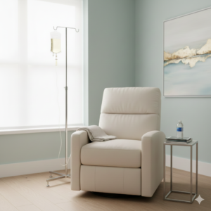 Patient relaxing in a comfortable chair while receiving a medically supervised IV nutrition therapy drip at Kentuckiana Pain Specialists.