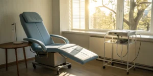 A medical chair and device in a clinic room for a nerve stimulator implant procedure.