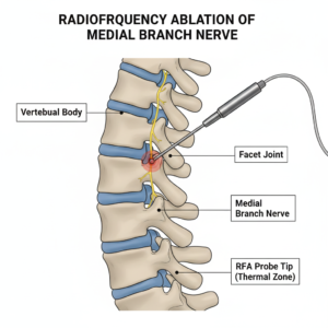 Medical illustration of a radiofrequency ablation procedure targeting the medial branch nerves to treat chronic facet joint pain in the lower back.