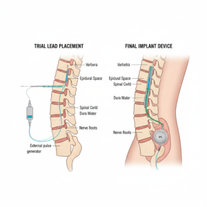 Medical diagram showing how a spinal cord stimulator works, with leads in the spine and an implanted generator to block chronic pain signals.