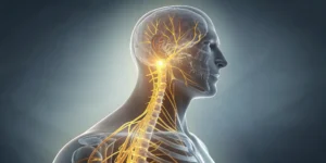 Anatomical view of the stellate ganglion in the neck, highlighting its location near the spine and nerves.