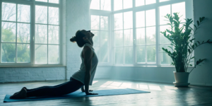 Woman performing a safe neck exercise for cervical facet syndrome relief.