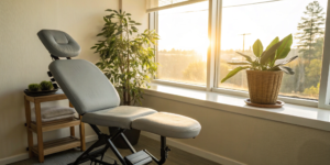 A medical exam chair for treating and healing a spinal compression fracture.