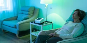 Woman using a nerve stimulator device for pain relief while relaxing at home.