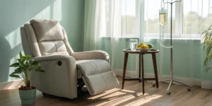 A person receiving the benefits of a multivitamin IV infusion in a calm clinic setting.