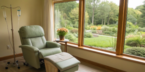 A patient's view from a comfortable chair during a vitamin IV therapy session.