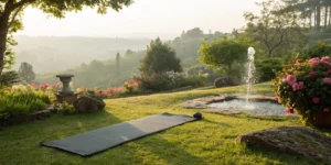 A yoga mat in a serene garden, part of a holistic approach to pain management.