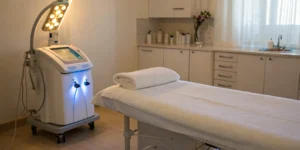 Medical equipment in a treatment room prepared for a radiofrequency neurotomy to relieve chronic pain.