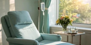 A vitamin IV therapy drip next to a chair, a treatment with known side effects.