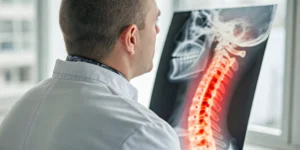 Doctor reviews a neck X-ray showing a narrowed spinal canal to discuss treatment options.