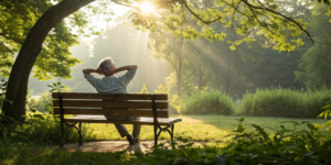 Man on a park bench finding relief from degenerative joint disease back pain.