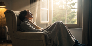 Person recovering in a chair after fused vertebrae upper back surgery.
