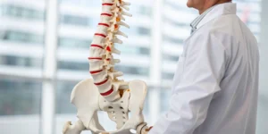A doctor points to the facet joints on a lumbar spine model, explaining lumbar facet arthrosis syndrome.