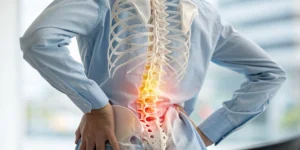 Anatomical view of lower back pain showing the difference between lumbar stenosis vs sciatica.