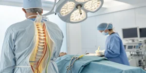 Doctor administering a left lumbar sympathetic nerve block for pain relief.