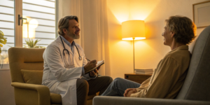 Doctor and patient discussing which specialist to consult for cervical spondylitis.