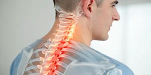 A diagram of the cervical spine showing a degenerative disc causing neck joint pain.