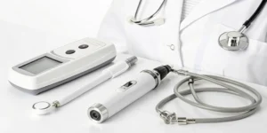 A doctor's table with peripheral nerve stimulators (PNS), a stethoscope, and a white coat.
