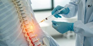 Doctor administering an L4-L5 lumbar epidural steroid injection for nerve root pain.