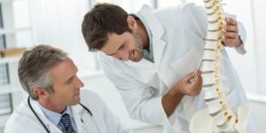 Doctors use a spine model to explain a paravertebral lumbar sympathetic block.