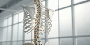 Human spine model showing the area where risks from a spinal cord stimulator implant can occur.