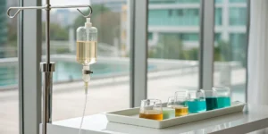 IV bag and colorful vials for a vitamin therapy session, representing the treatment cost.