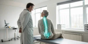Doctor uses a spine graphic to explain post-spinal backache treatment to a patient.