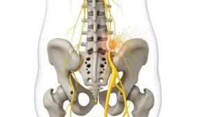 Diagram showing sciatica nerve pain pathway and herniated disc in the lumbar spine