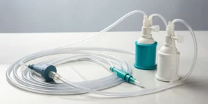 An implantable pain pump with its catheter and medication reservoir.