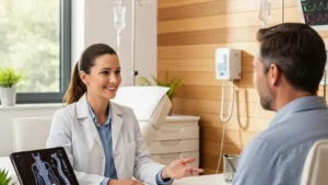 Doctor in white coat having a warm consultation with a patient in a modern pain management clinic