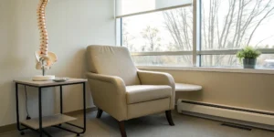 Doctor's office with a spine model for a cervical spondylitis consultation.