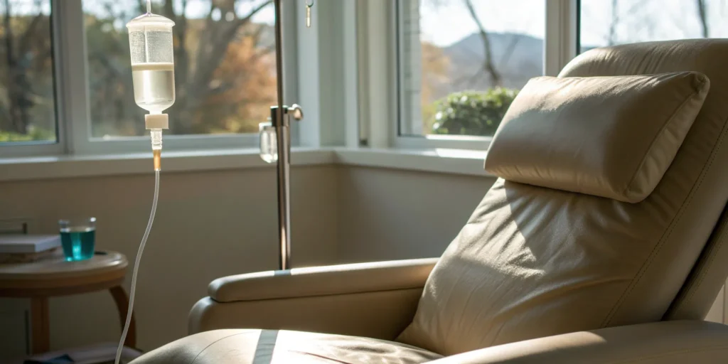 IV therapy setup in a clinic, a procedure with known disadvantages and risks.