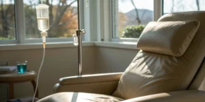 IV therapy setup in a clinic, a procedure with known disadvantages and risks.