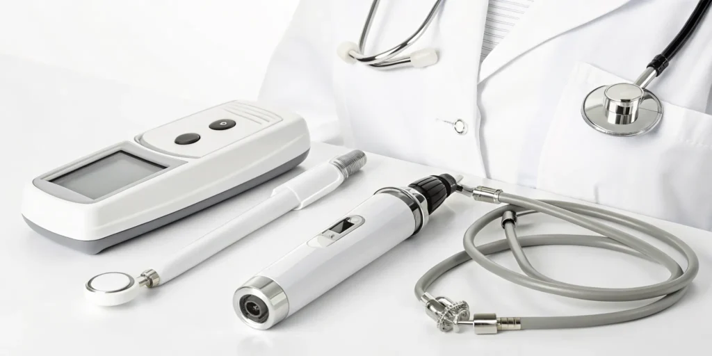 A doctor's table with peripheral nerve stimulators (PNS), a stethoscope, and a white coat.