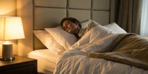 A person in the best side sleeping position to use after an epidural steroid injection.