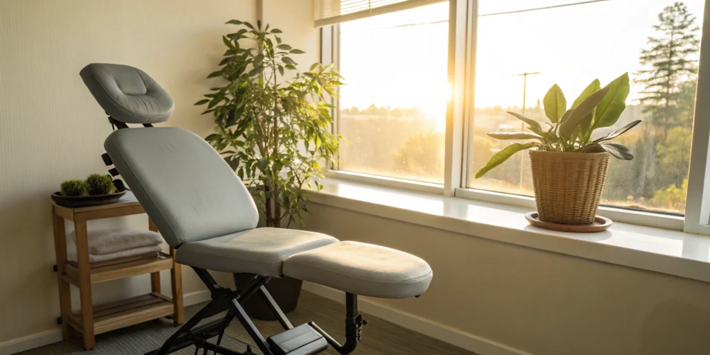 A medical exam chair for treating and healing a spinal compression fracture.