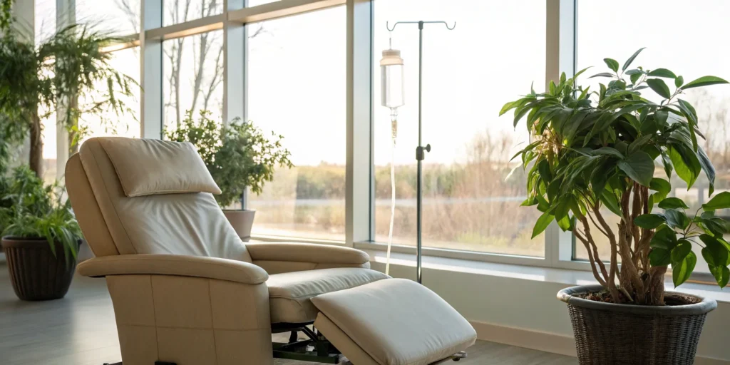 IV vitamin therapy station with a drip and comfortable chair in a clean, professional medical clinic.