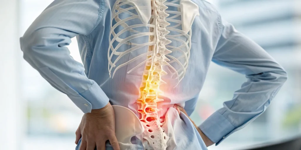 Anatomical view of lower back pain showing the difference between lumbar stenosis vs sciatica.