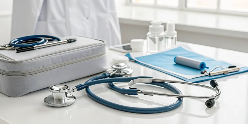 Doctor's desk with tools to review the pros and cons of pain pumps for chronic pain.