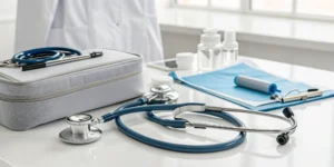 Doctor's desk with tools to review the pros and cons of pain pumps for chronic pain.