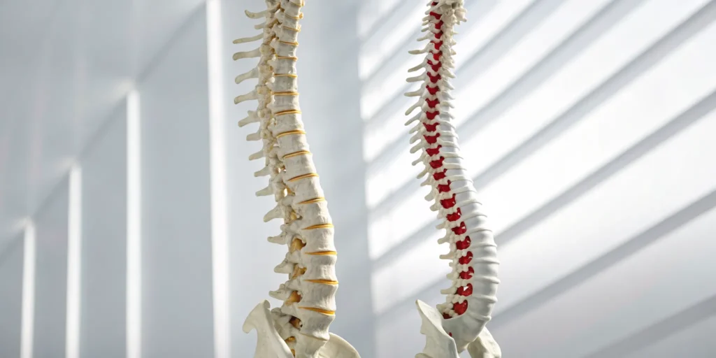 Two anatomical spine models comparing spinal enthesopathy vs spondylosis.
