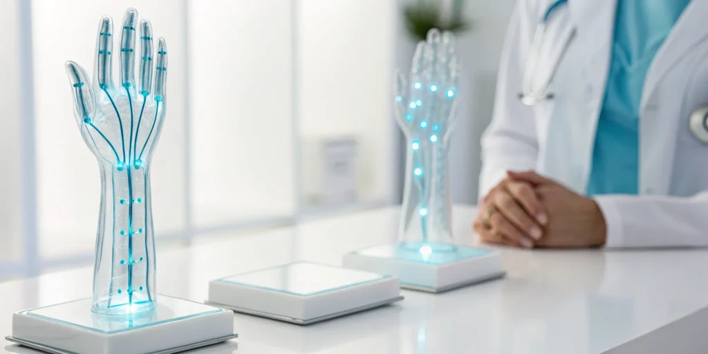 A doctor comparing different types of peripheral nerve stimulator models.