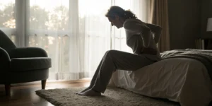 Woman in bed with severe back pain, one of the worst symptoms of spinal stenosis.