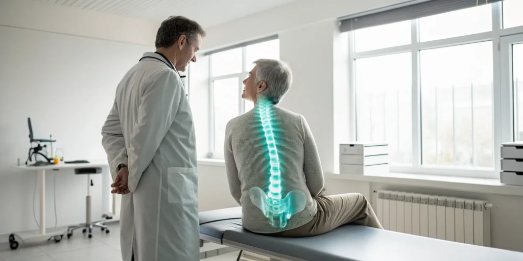 Doctor uses a spine graphic to explain post-spinal backache treatment to a patient.